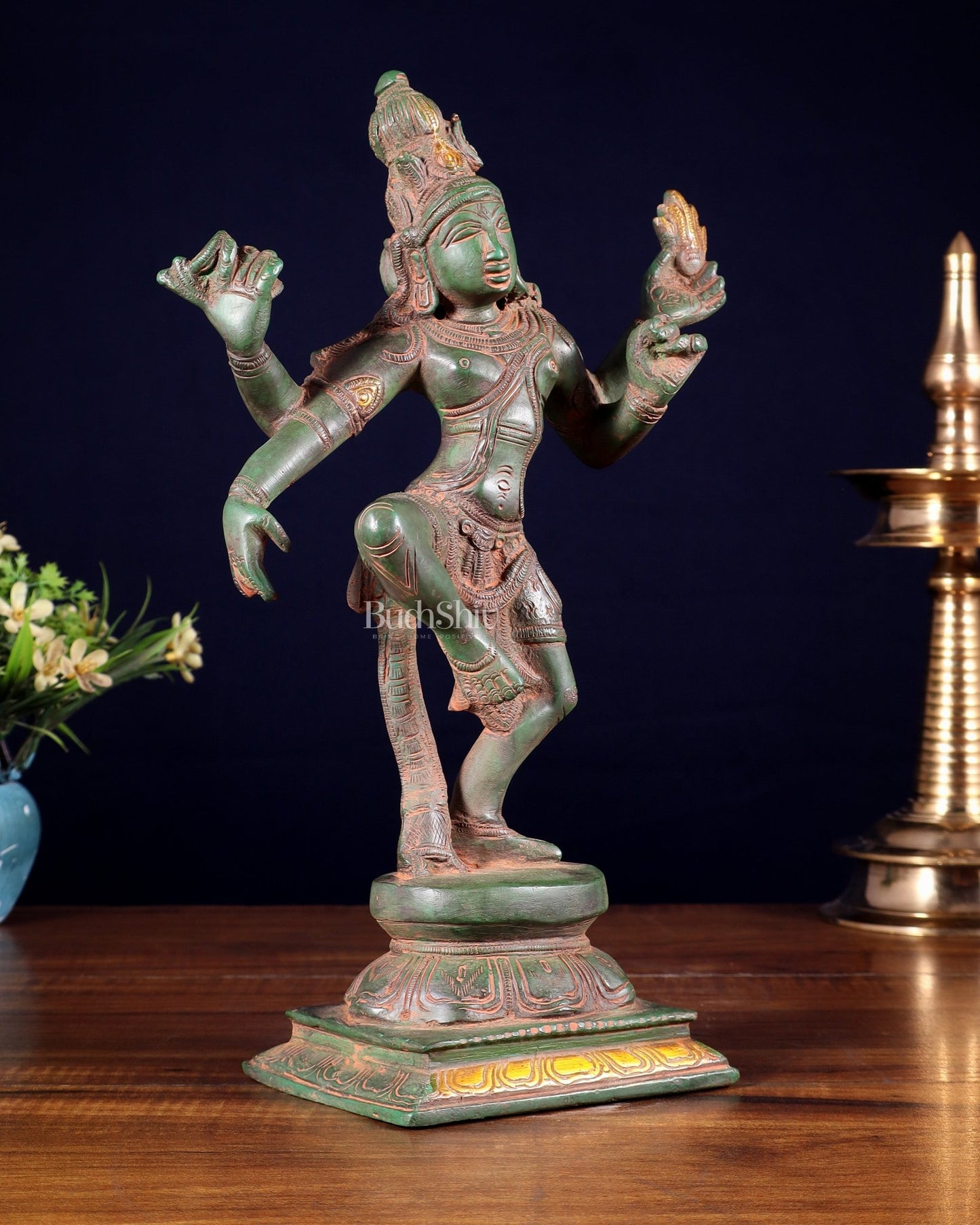 Pure Brass Dancing Shiva Statue – Green Patina & Sand Finish 11.5 inch - Budhshiv.com