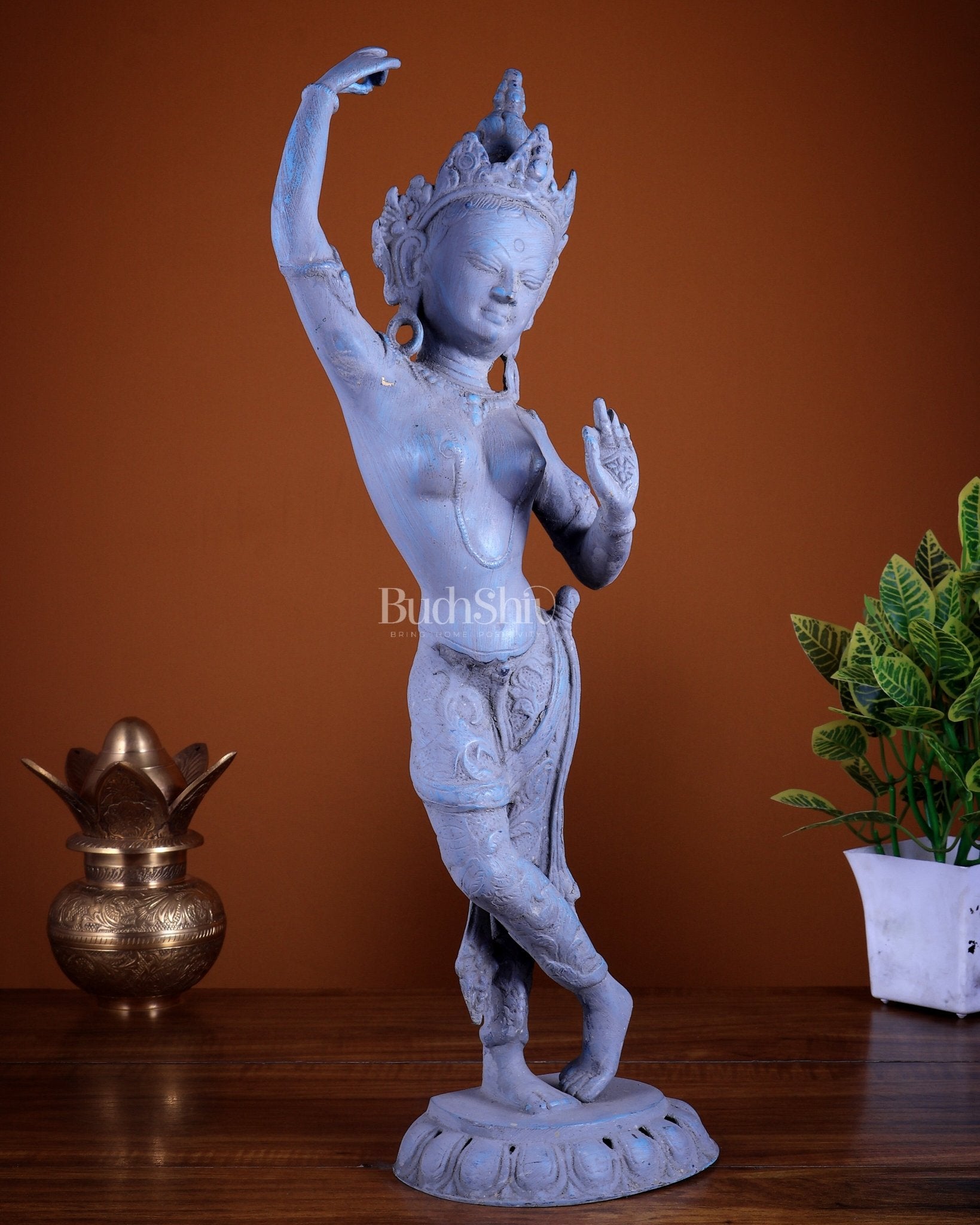Pure Brass Dancing Tara Devi Maya Buddhist Sculpture - 20" Tall sand finish - Budhshiv.com