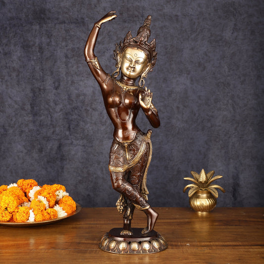 Pure Brass Dancing Tara Devi Maya Buddhist Sculpture - 20" Tall - Budhshiv.com
