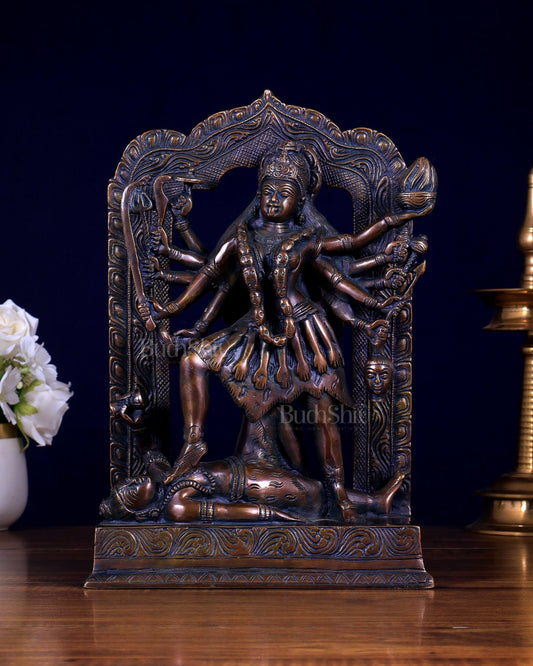 Pure Brass Dashabhuja Goddess Mahakali with Prabhavali – Brass Sculpture 11.5 inch - Budhshiv.com