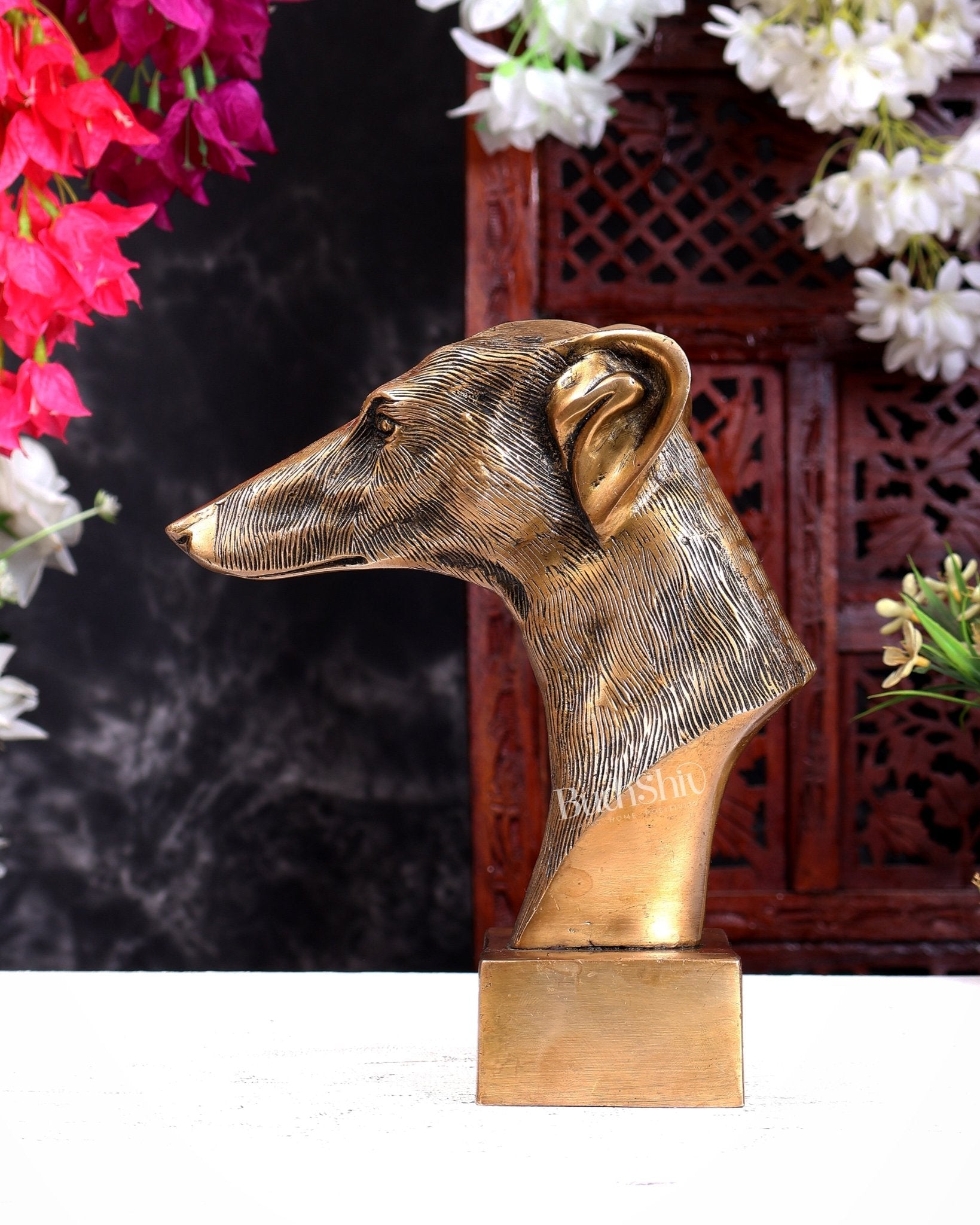 Pure Brass Decorative Dog Face Bust | Greyhound Design Table Accent Showpiece 9 inch - Budhshiv.com