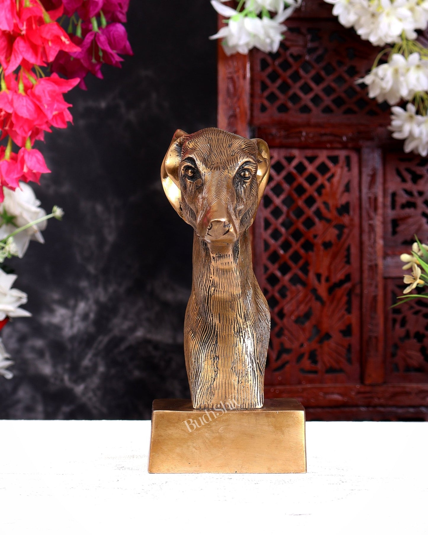 Pure Brass Decorative Dog Face Bust | Greyhound Design Table Accent Showpiece 9 inch - Budhshiv.com