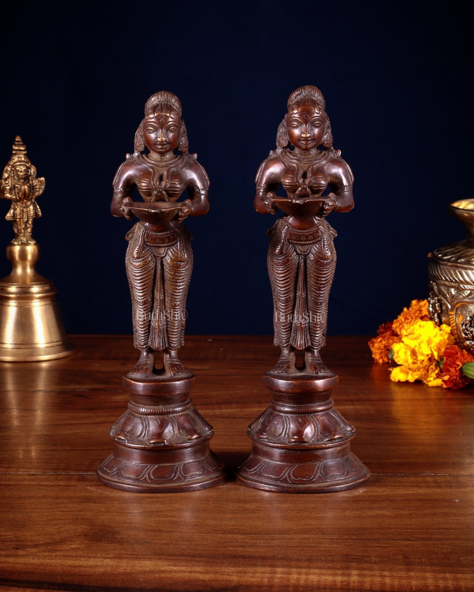 Pure Brass Deep Lady Pair (Pavai Vilakku) – 8” burnt copper tone - Budhshiv.com