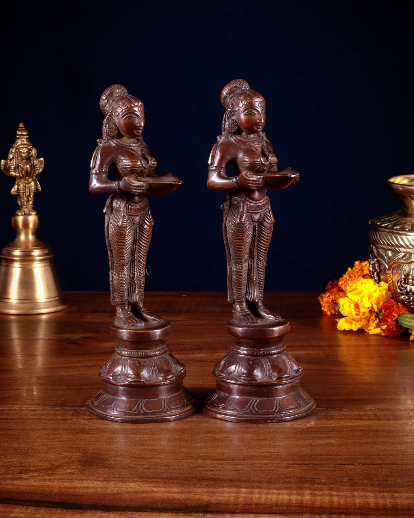 Pure Brass Deep Lady Pair (Pavai Vilakku) – 8” burnt copper tone - Budhshiv.com