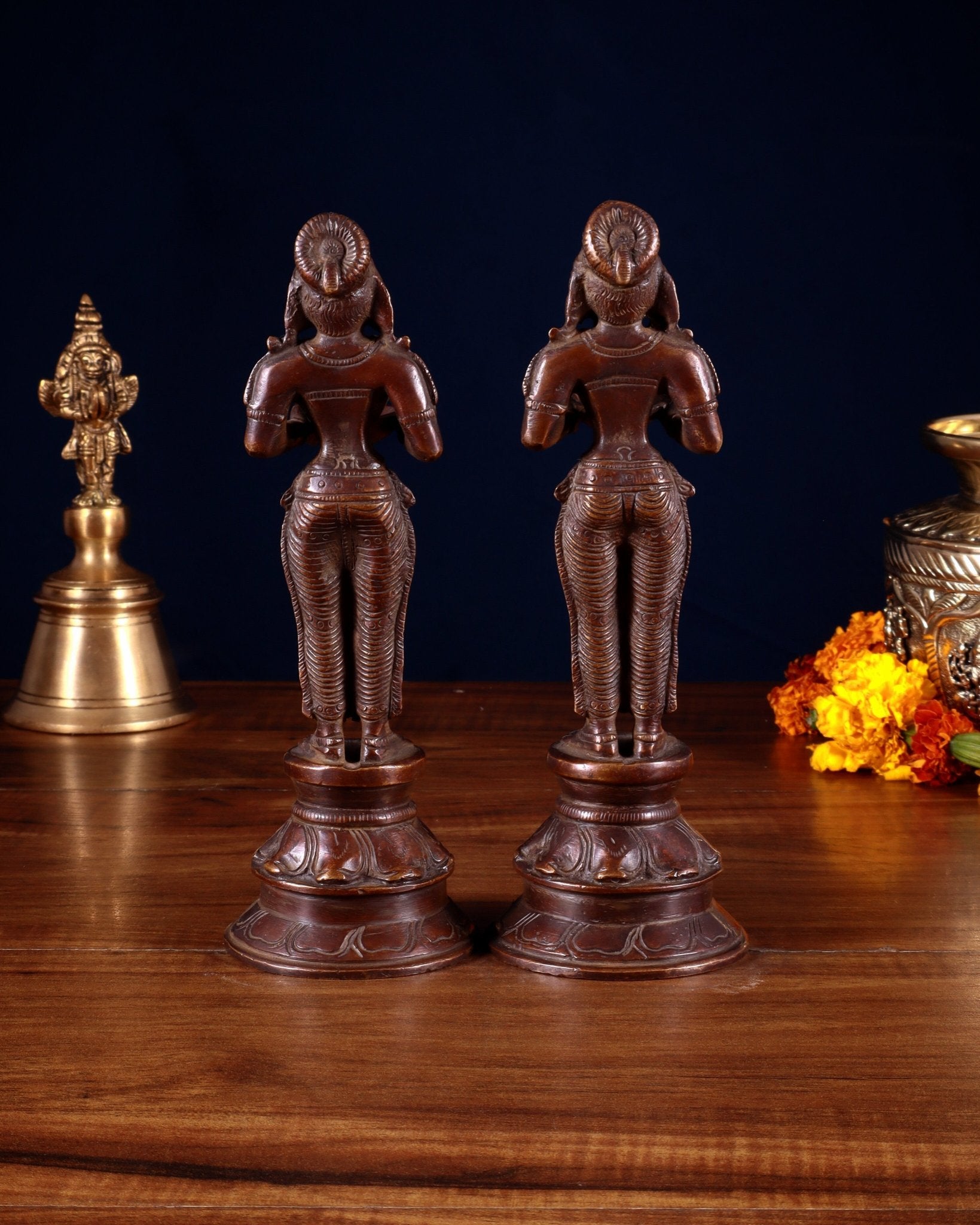 Pure Brass Deep Lady Pair (Pavai Vilakku) – 8” burnt copper tone - Budhshiv.com
