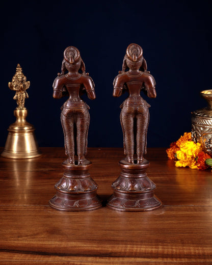 Pure Brass Deep Lady Pair (Pavai Vilakku) – 8” burnt copper tone - Budhshiv.com