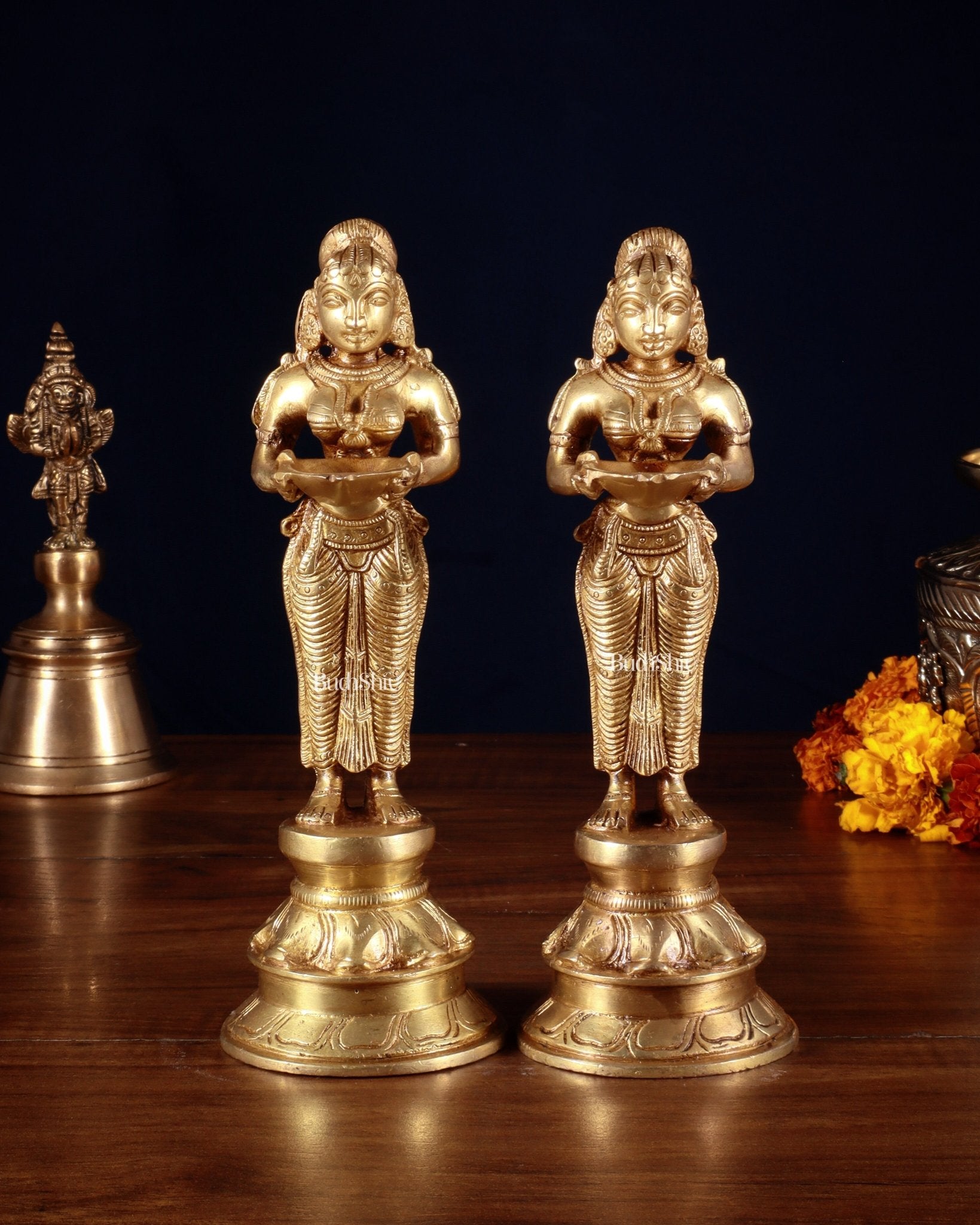 Pure Brass Deep Lady Pair (Pavai Vilakku) – 8” - Budhshiv.com