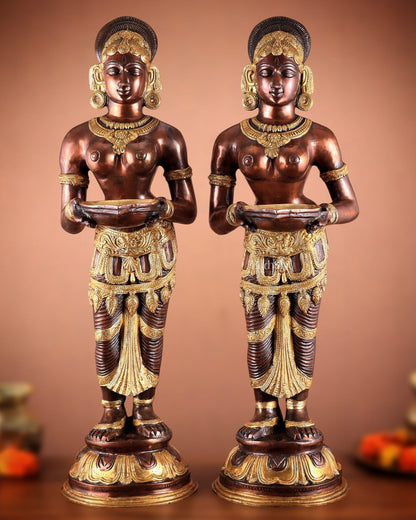Pure Brass Deep Lady Pavaai Vilakku in dual - tone 32" - Budhshiv.com