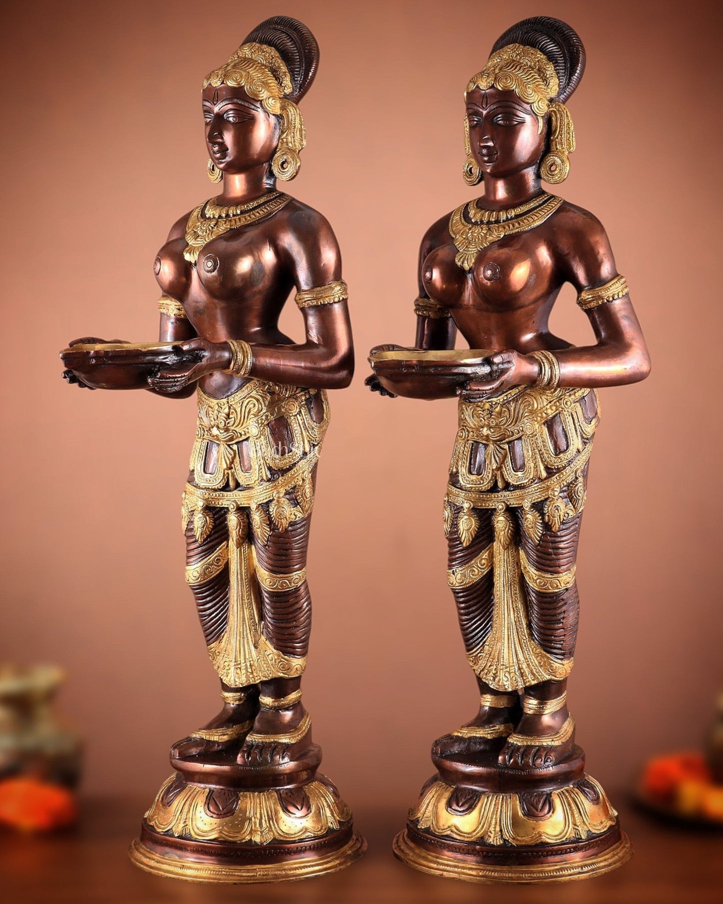 Pure Brass Deep Lady Pavaai Vilakku in dual - tone 32" - Budhshiv.com