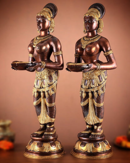 Pure Brass Deep Lady Pavaai Vilakku in dual - tone 32" - Budhshiv.com