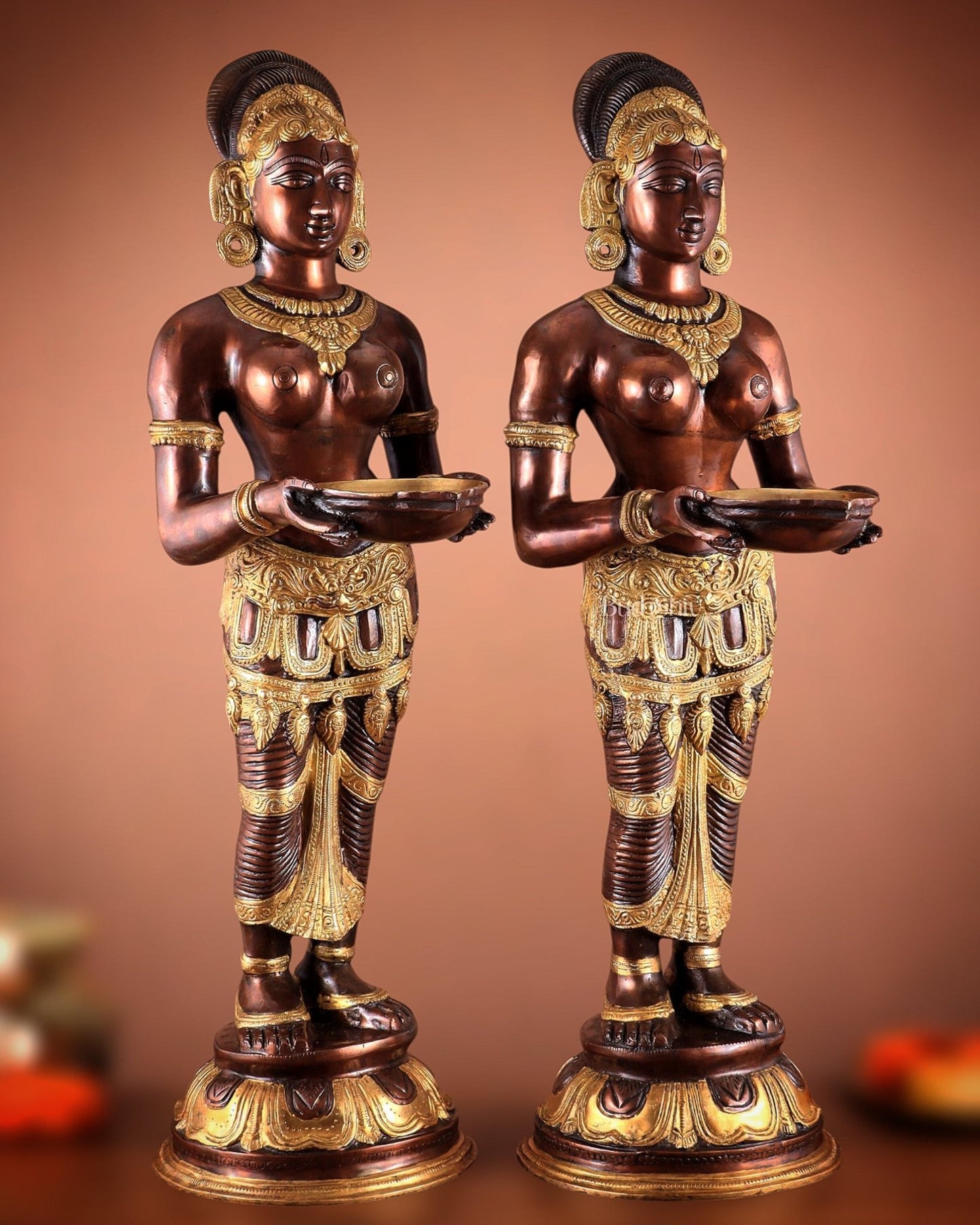 Pure Brass Deep Lady Pavaai Vilakku in dual - tone 32" - Budhshiv.com