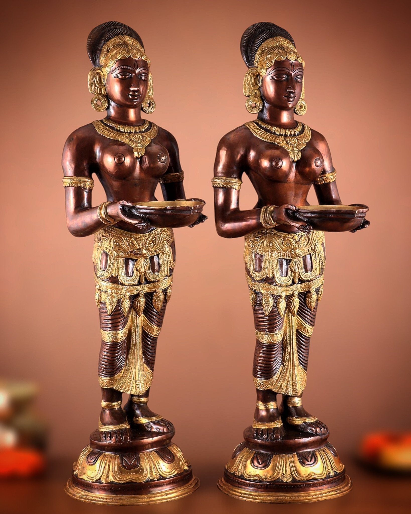 Pure Brass Deep Lady Pavaai Vilakku in dual - tone 32" - Budhshiv.com