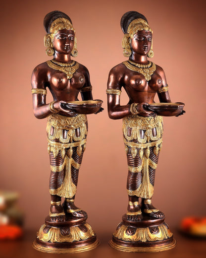 Pure Brass Deep Lady Pavaai Vilakku in dual - tone 32" - Budhshiv.com