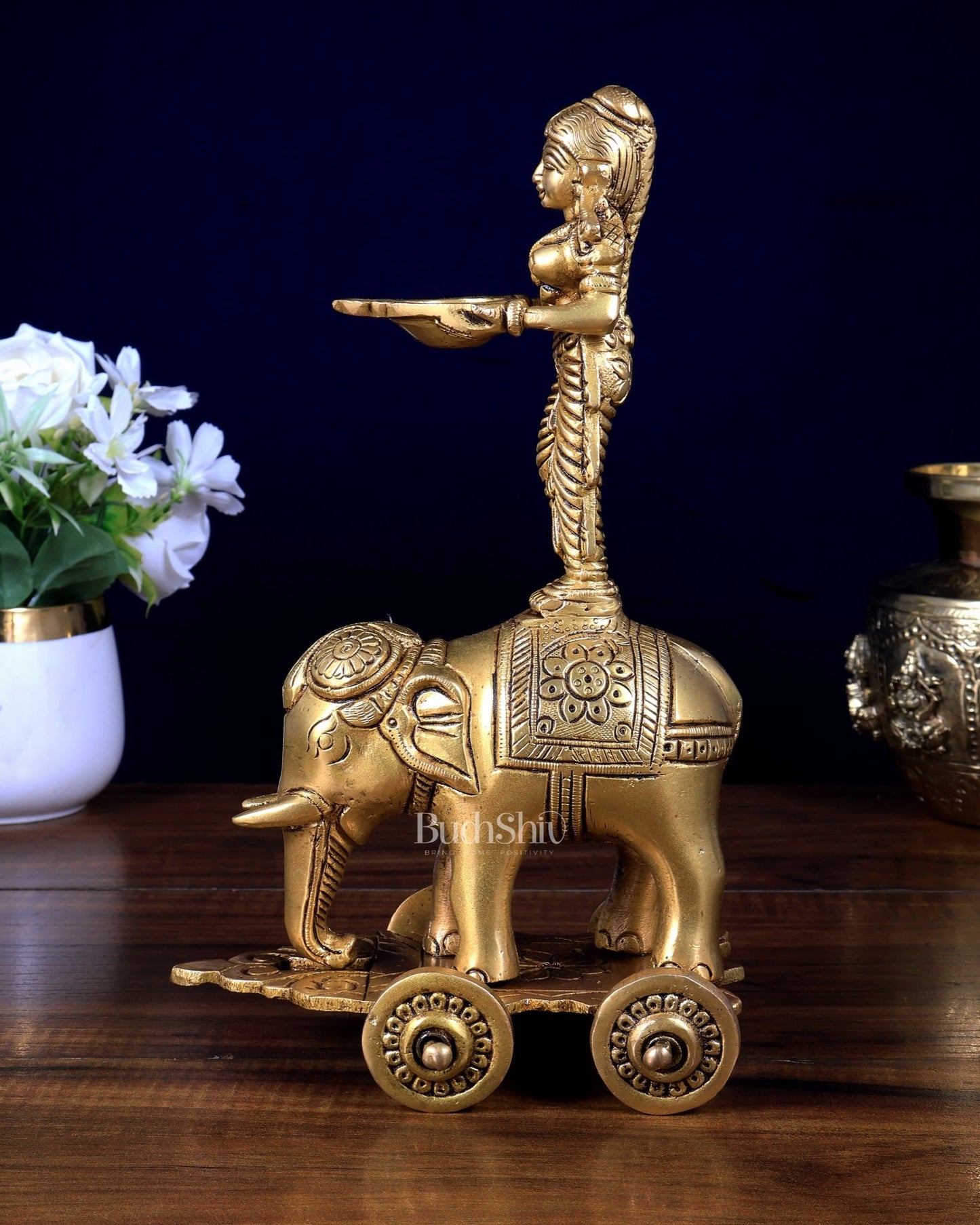 Pure Brass Deep Lady Standing on Elephant with Wheels 10.5 inch - Budhshiv.com