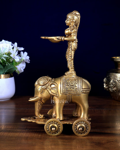 Pure Brass Deep Lady Standing on Elephant with Wheels 10.5 inch - Budhshiv.com