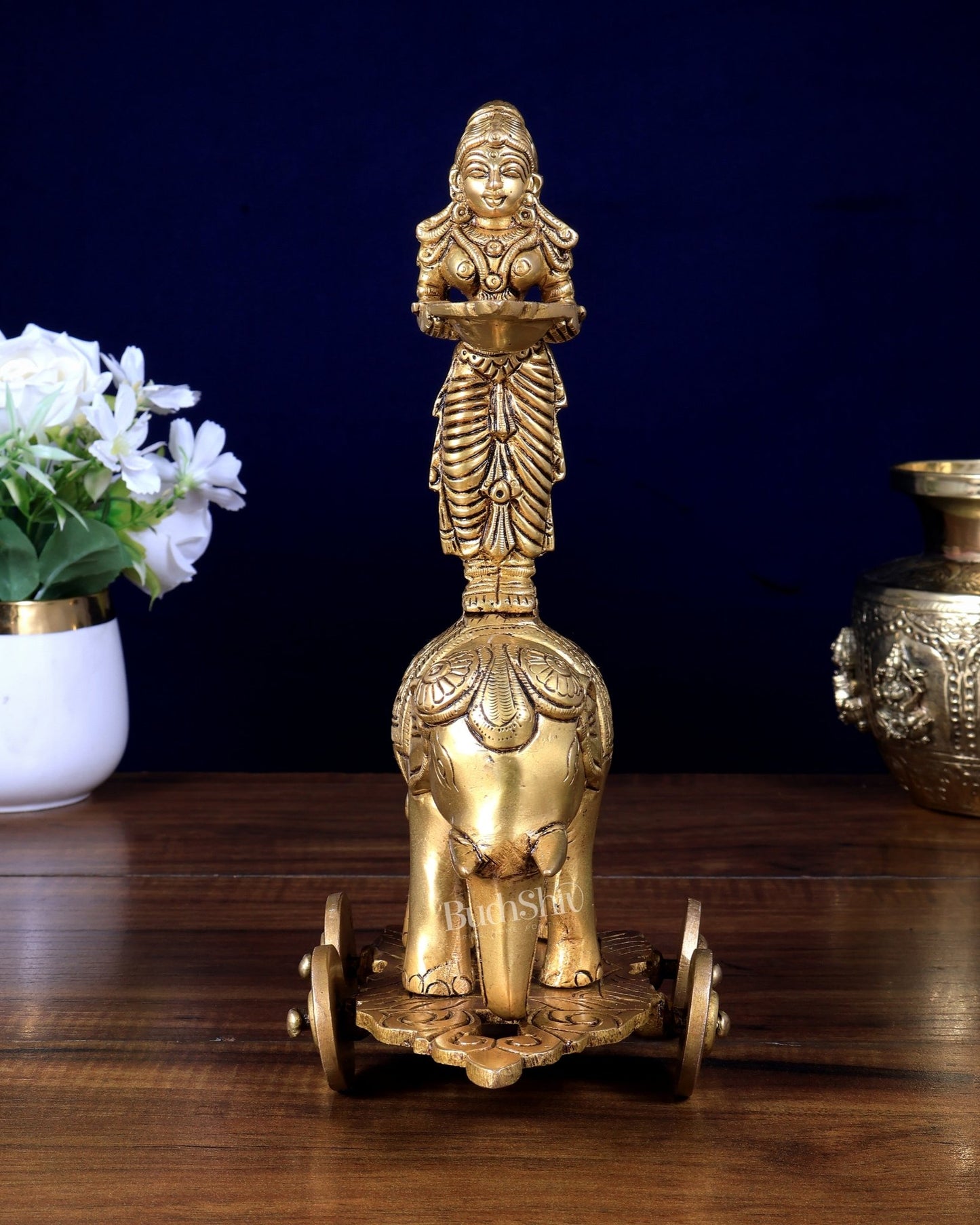 Pure Brass Deep Lady Standing on Elephant with Wheels 10.5 inch - Budhshiv.com