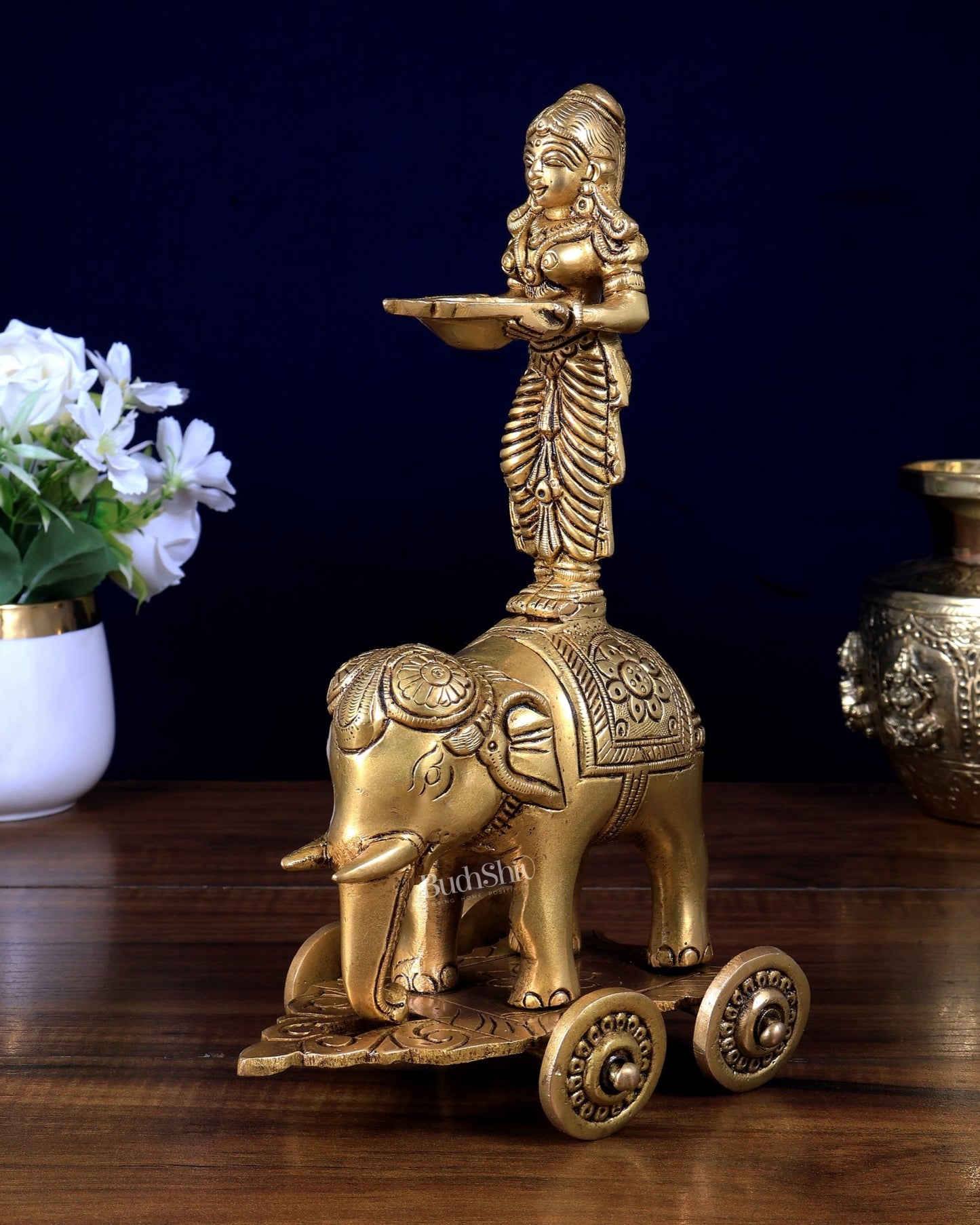 Pure Brass Deep Lady Standing on Elephant with Wheels 10.5 inch - Budhshiv.com