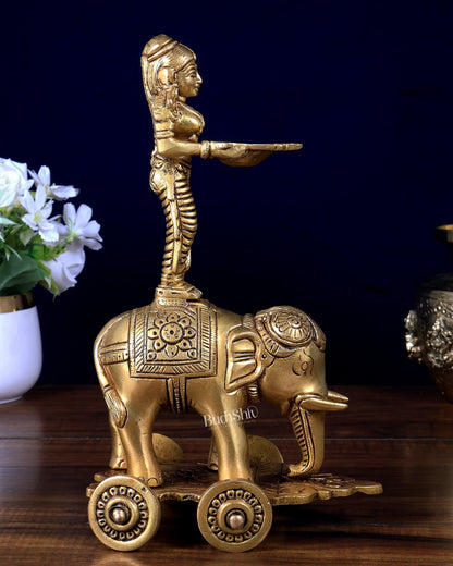 Pure Brass Deep Lady Standing on Elephant with Wheels 10.5 inch - Budhshiv.com