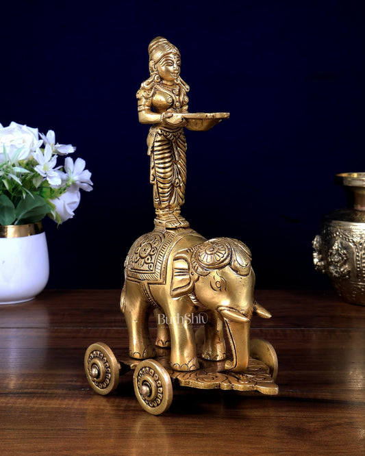 Pure Brass Deep Lady Standing on Elephant with Wheels 10.5 inch - Budhshiv.com