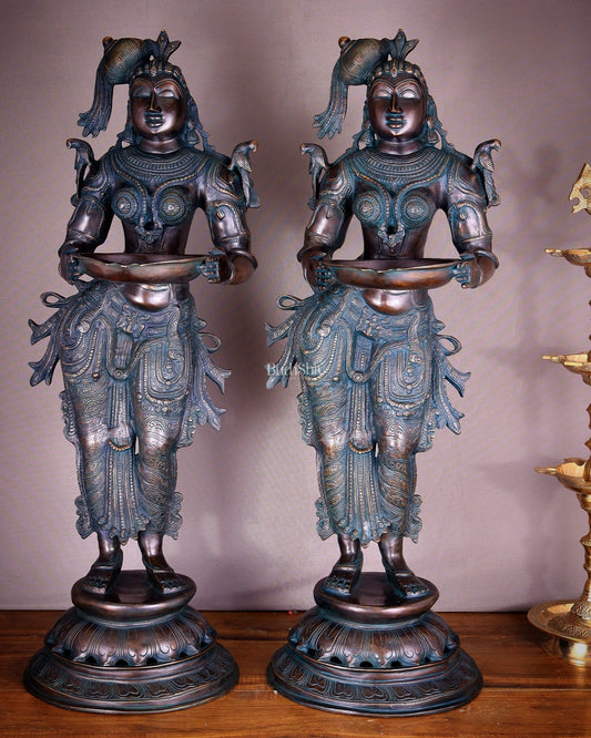 Pure Brass Deep Lady Vilakku Pair with Vintage Green Bronze Tone – 36" Traditional Lamps - Budhshiv.com