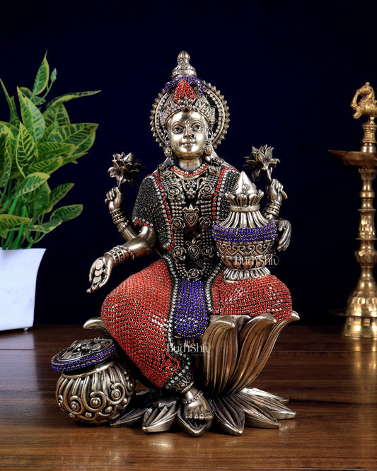 Pure Brass Dhan Lakshmi Idol with Jewellery Meenakari 10 inch - Budhshiv.com