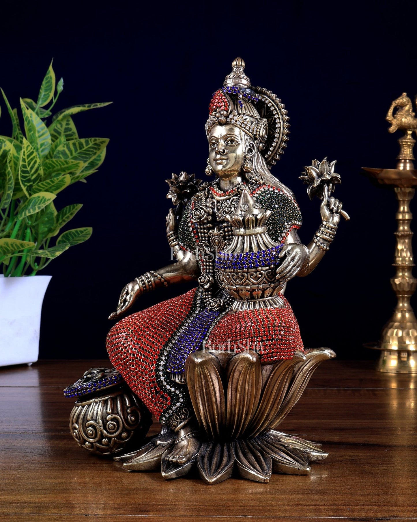 Pure Brass Dhan Lakshmi Idol with Jewellery Meenakari 10 inch - Budhshiv.com