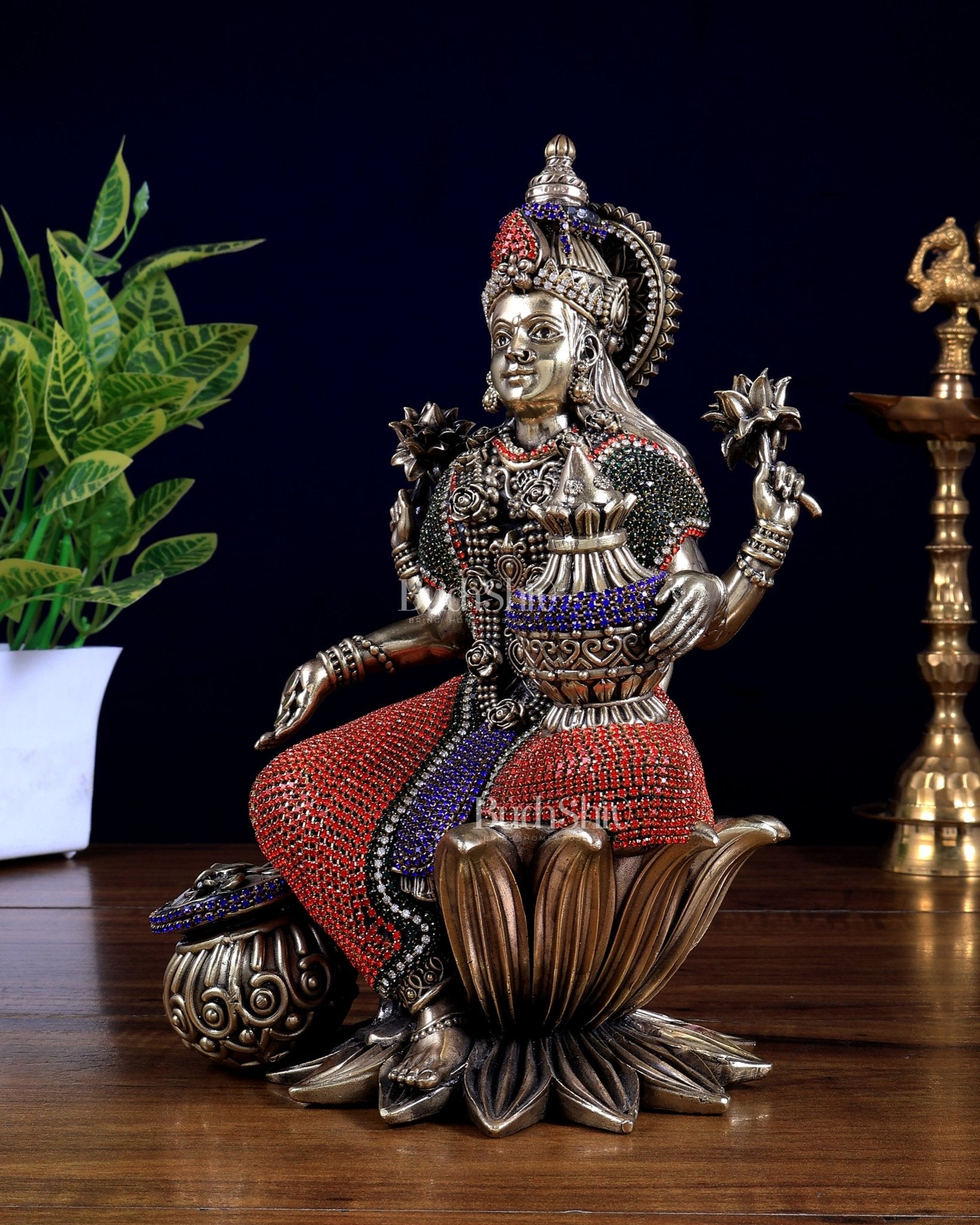 Pure Brass Dhan Lakshmi Idol with Jewellery Meenakari 10 inch - Budhshiv.com