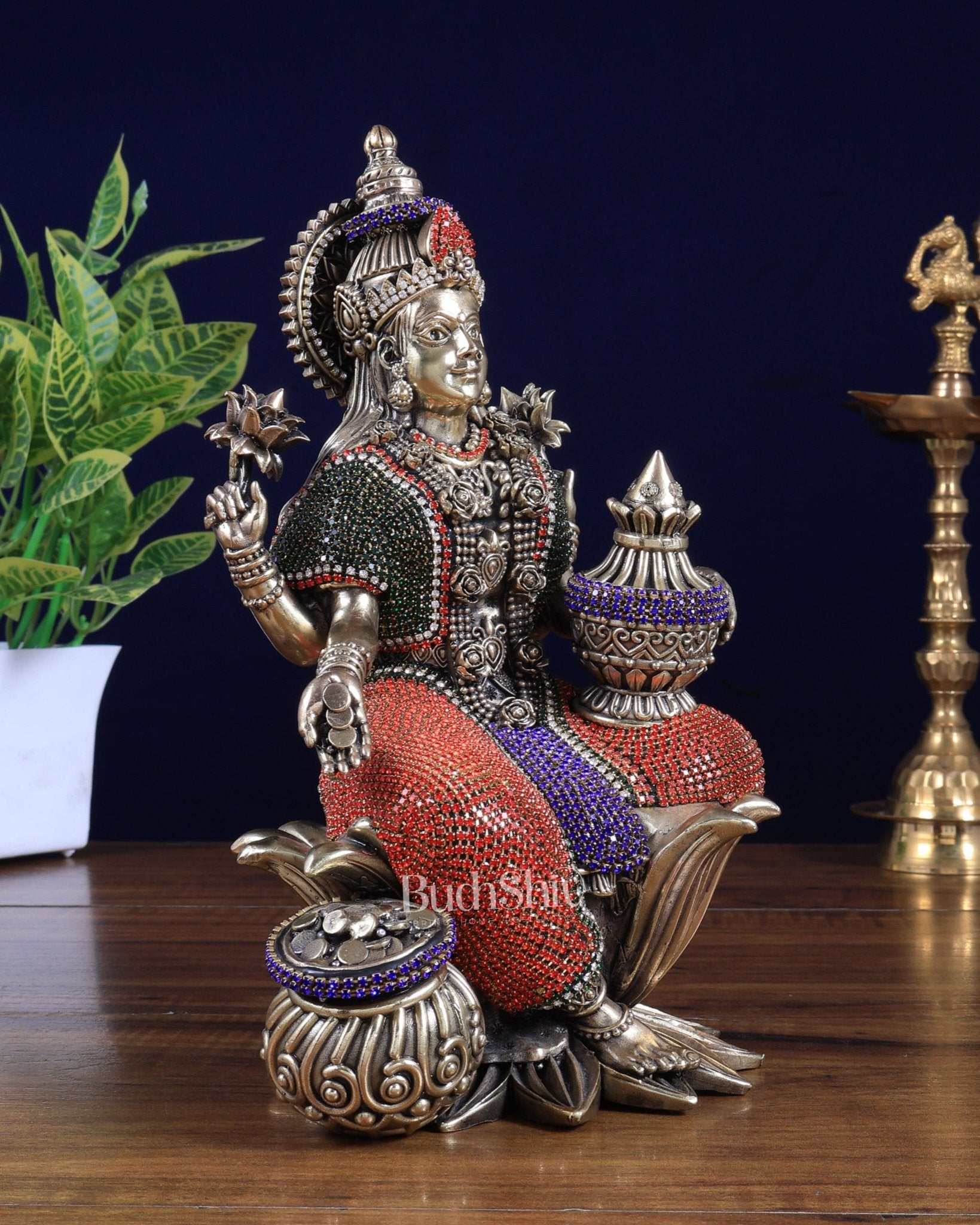 Pure Brass Dhan Lakshmi Idol with Jewellery Meenakari 10 inch - Budhshiv.com