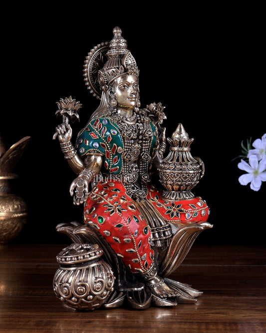 Pure Brass Dhan Lakshmi Idol with Meenakari 10 inch - Budhshiv.com