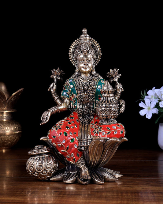 Pure Brass Dhan Lakshmi Idol with Meenakari 10 inch - Budhshiv.com