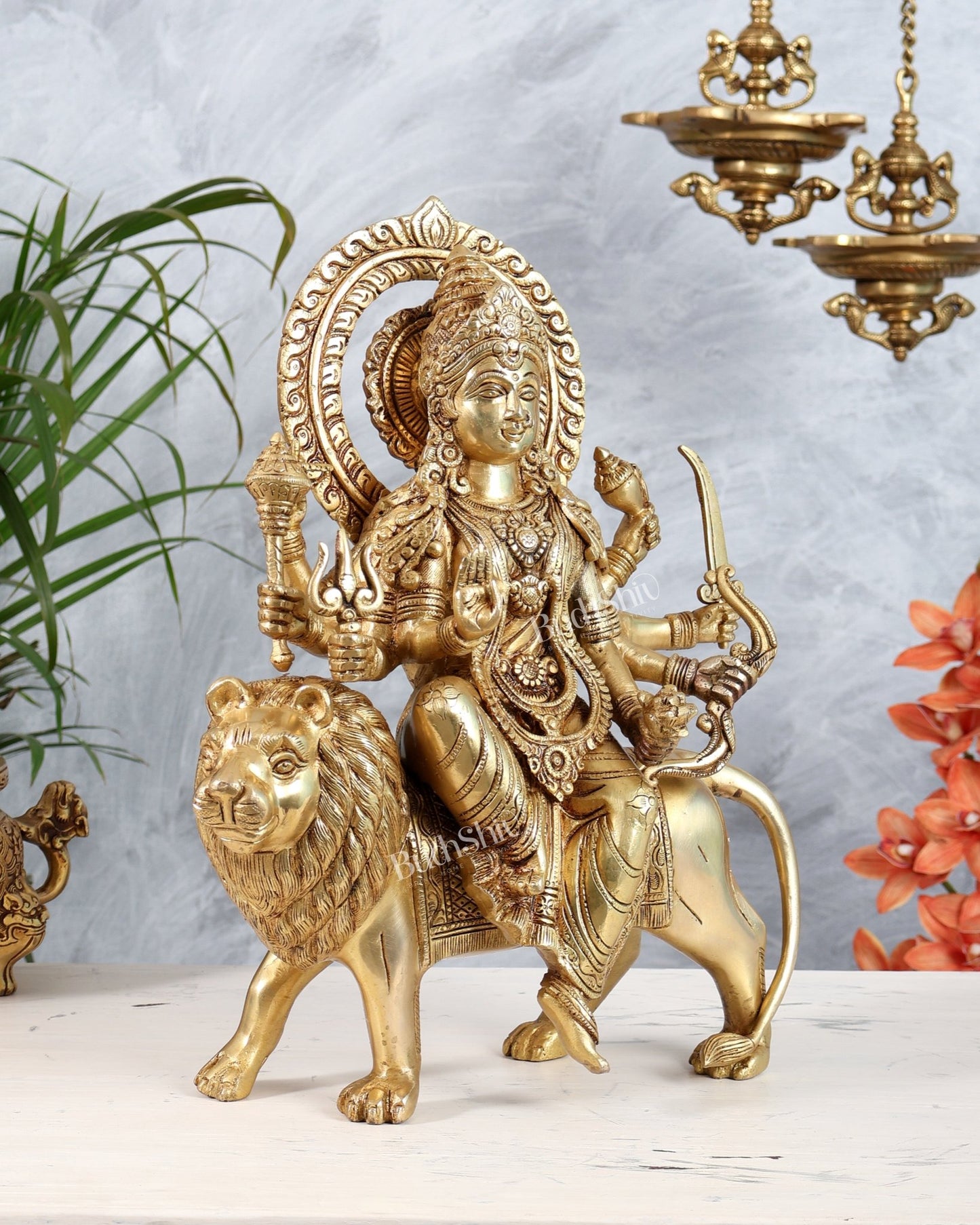 Pure Brass Durga ambe Mata on lion statue 15 inch - Budhshiv.com