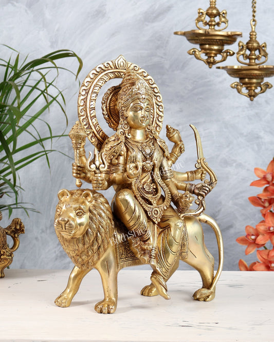 Pure Brass Durga ambe Mata on lion statue 15 inch - Budhshiv.com