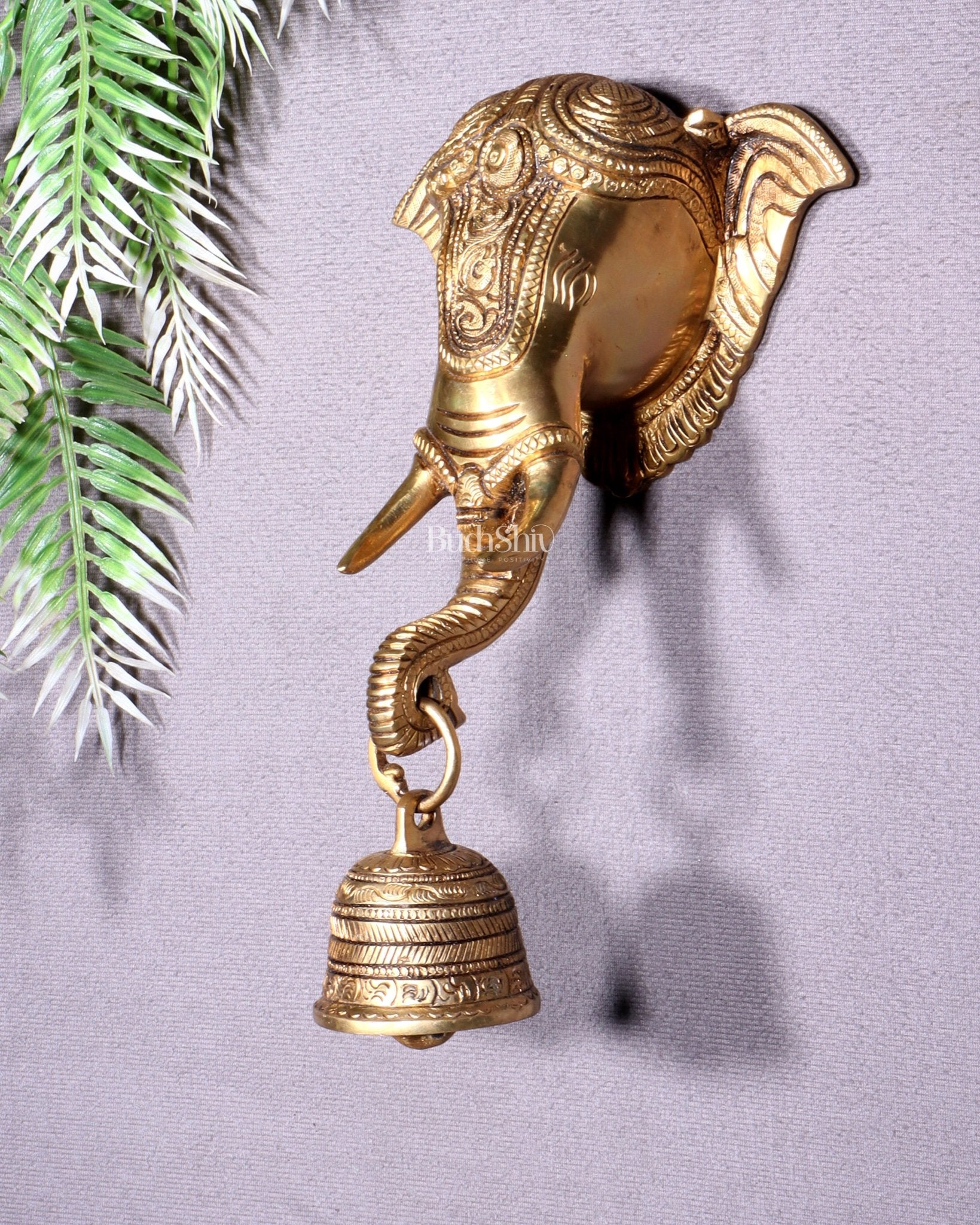 Pure Brass Elephant Face with Bell Wall Hanging 10.6" - Budhshiv.com