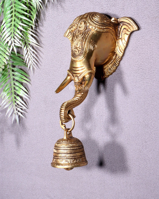 Pure Brass Elephant Face with Bell Wall Hanging 10.6" - Budhshiv.com