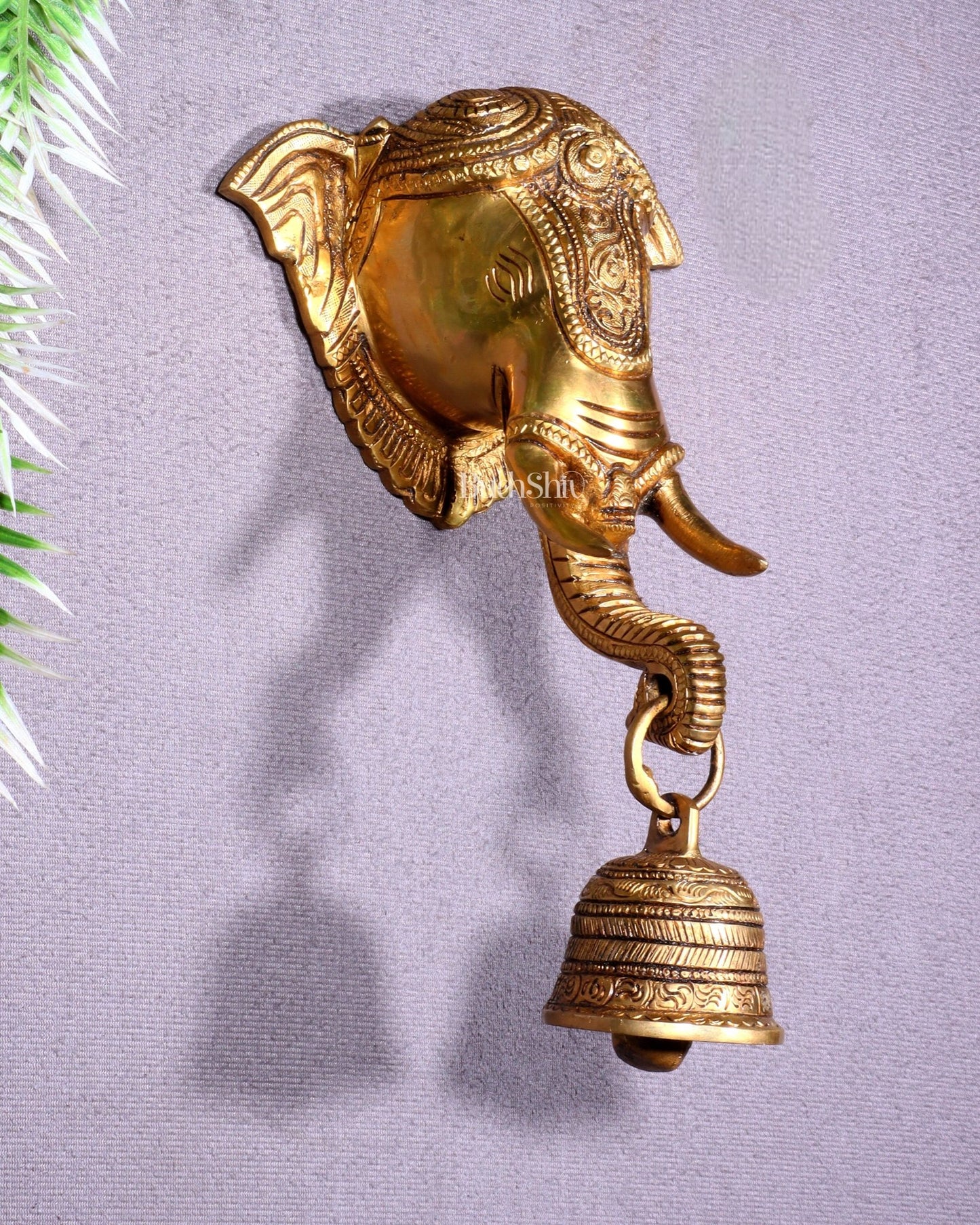 Pure Brass Elephant Face with Bell Wall Hanging 10.6" - Budhshiv.com