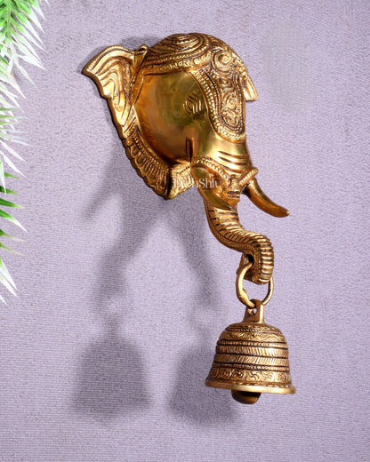 Pure Brass Elephant Face with Bell Wall Hanging 10.6" - Budhshiv.com