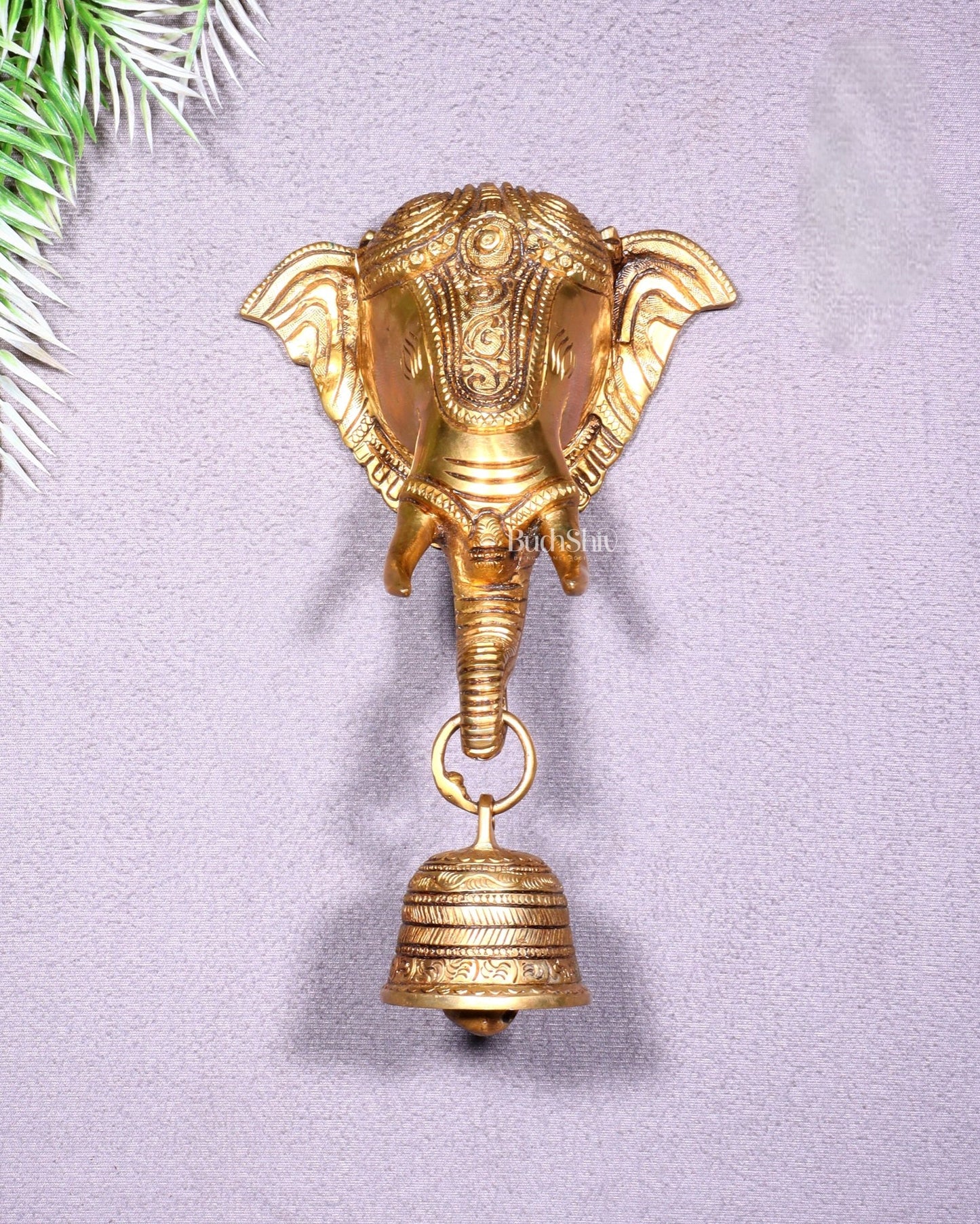 Pure Brass Elephant Face with Bell Wall Hanging 10.6" - Budhshiv.com