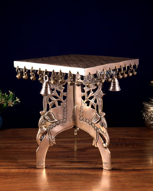 Pure Brass Elephant - Legged square Chowki Stool for Pooja Rooms 12 inch - Budhshiv.com