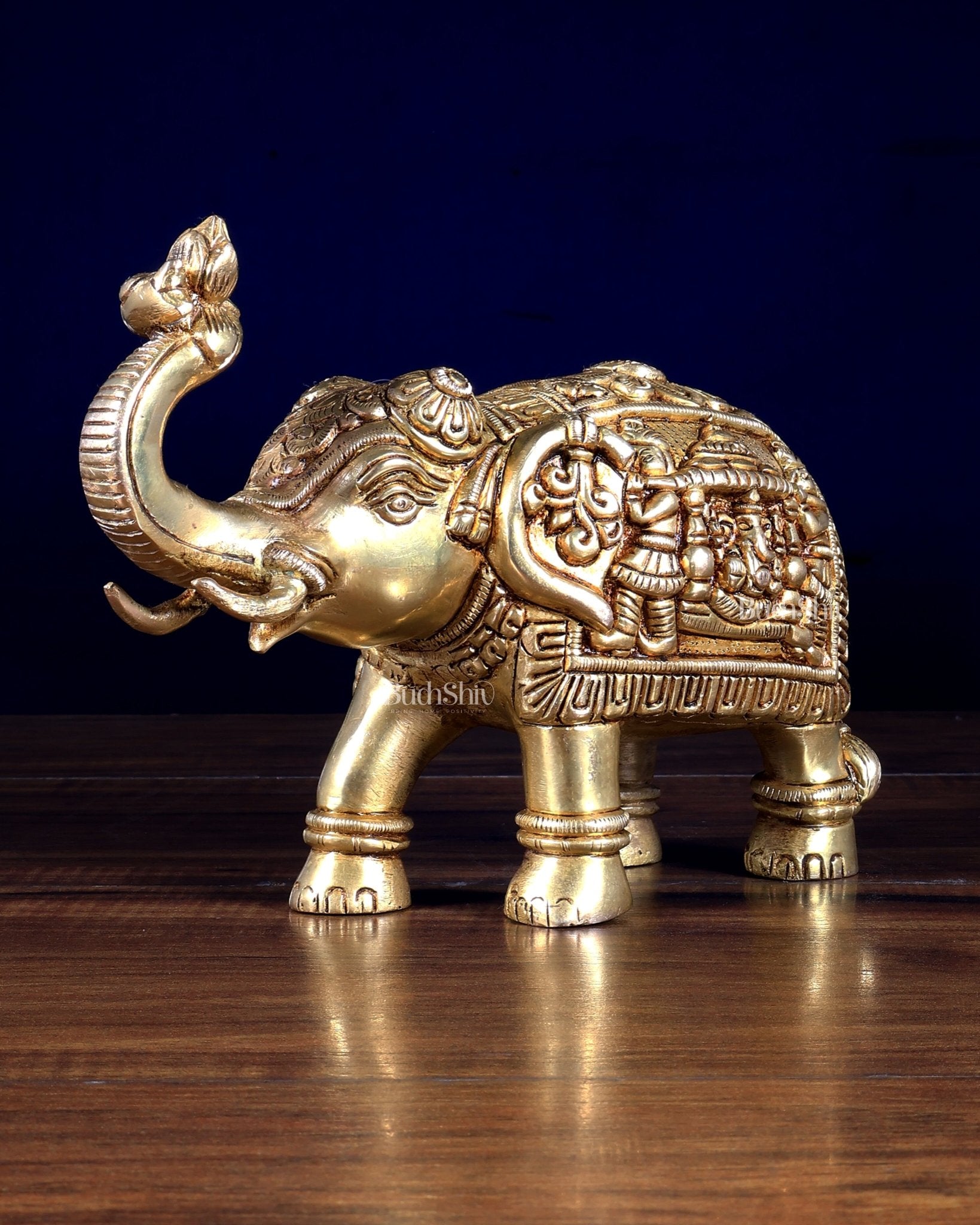 Pure Brass Elephant Statue with Unique Carvings & Design 9.5" - Budhshiv.com