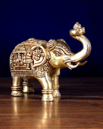 Pure Brass Elephant Statue with Unique Carvings & Design 9.5" - Budhshiv.com