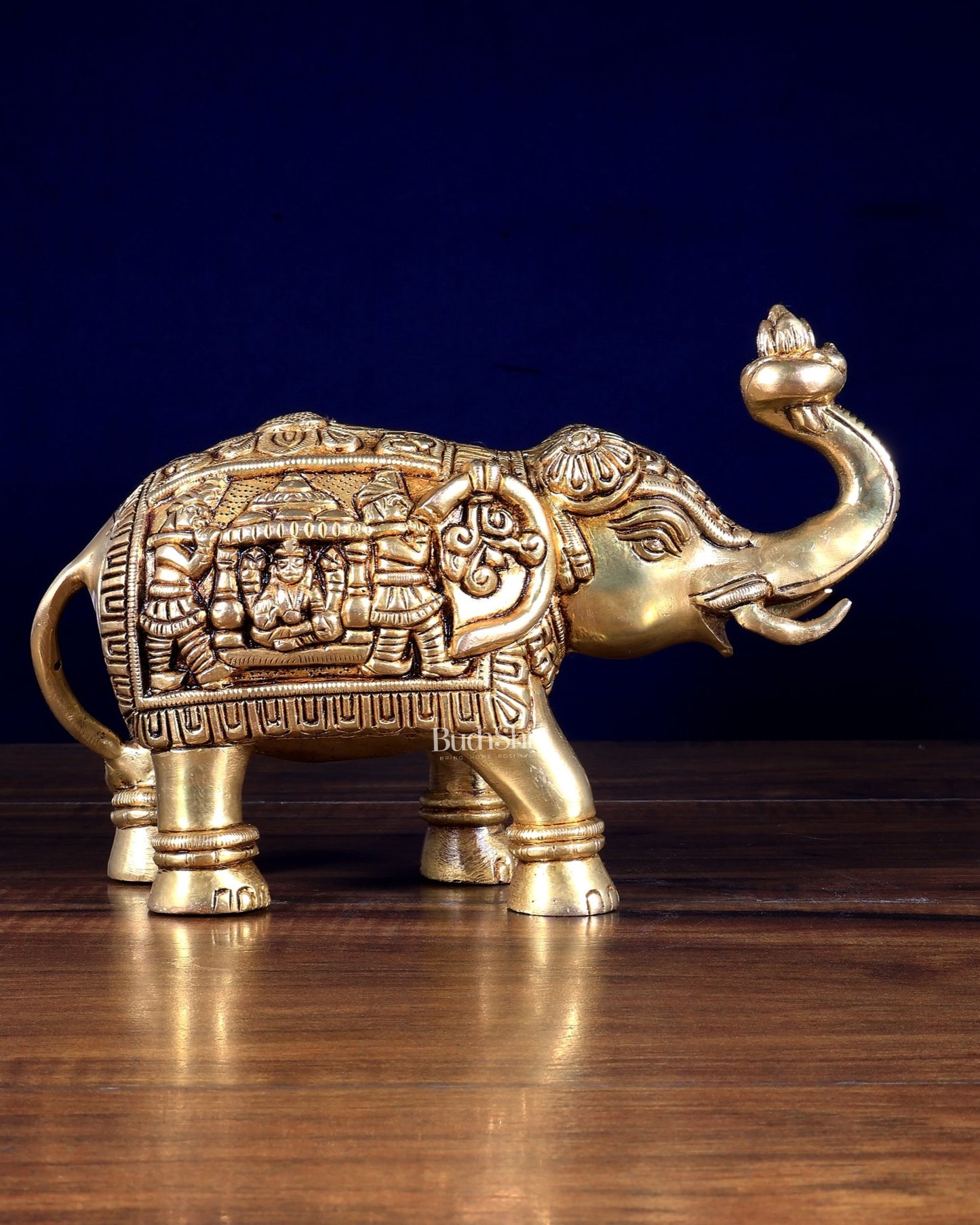 Pure Brass Elephant Statue with Unique Carvings & Design 9.5" - Budhshiv.com