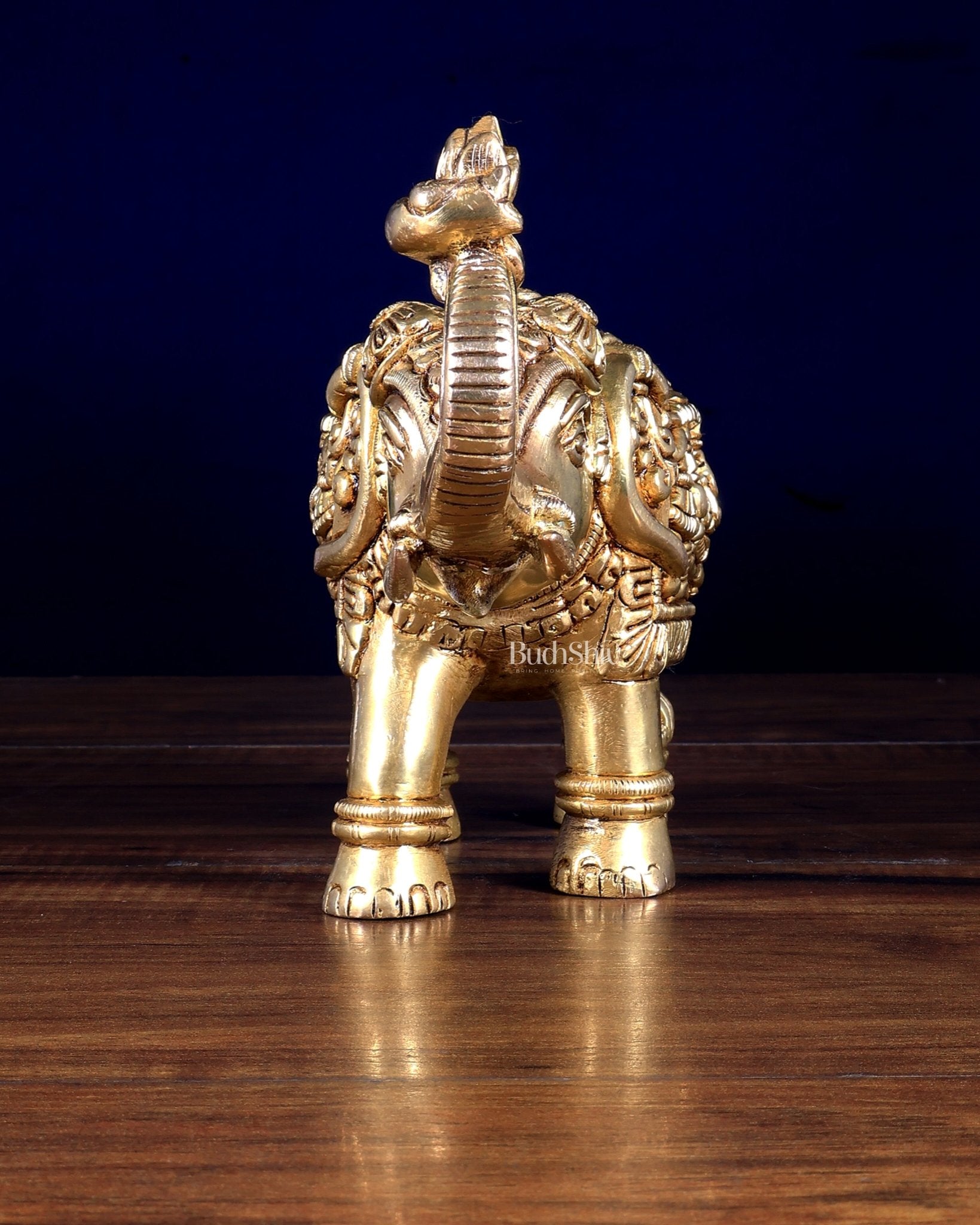 Pure Brass Elephant Statue with Unique Carvings & Design 9.5" - Budhshiv.com