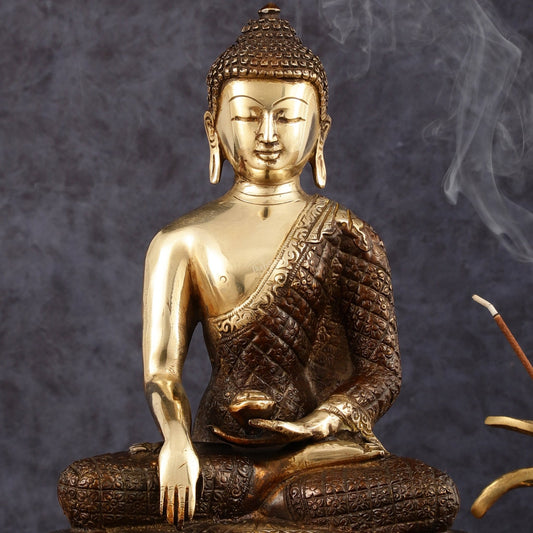 Pure Brass Engraved Buddha Statue in Bhumi Nirvana Mudra - 10.5" Height - Budhshiv.com