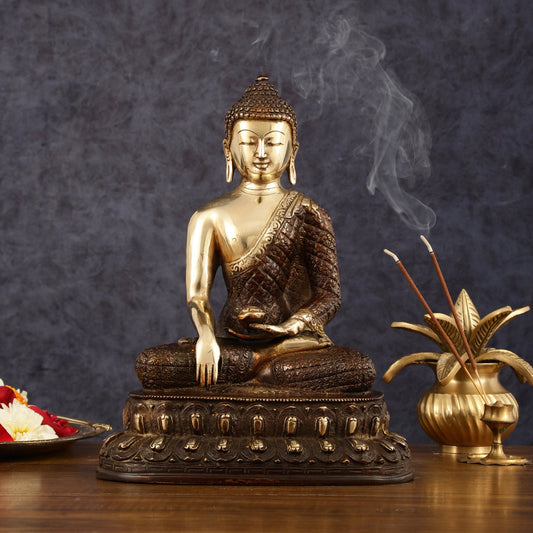 Pure Brass Engraved Buddha Statue in Bhumi Nirvana Mudra - 10.5" Height - Budhshiv.com