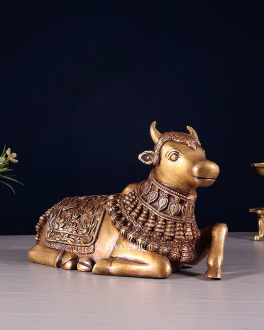 Pure Brass Engraved Nandi Statue – 10" antique tone - Budhshiv.com