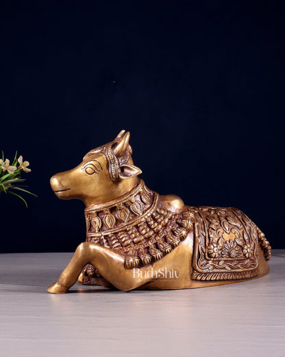 Pure Brass Engraved Nandi Statue – 10" antique tone - Budhshiv.com