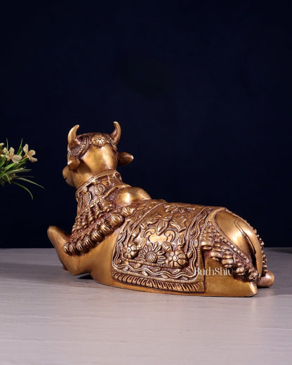Pure Brass Engraved Nandi Statue – 10" antique tone - Budhshiv.com