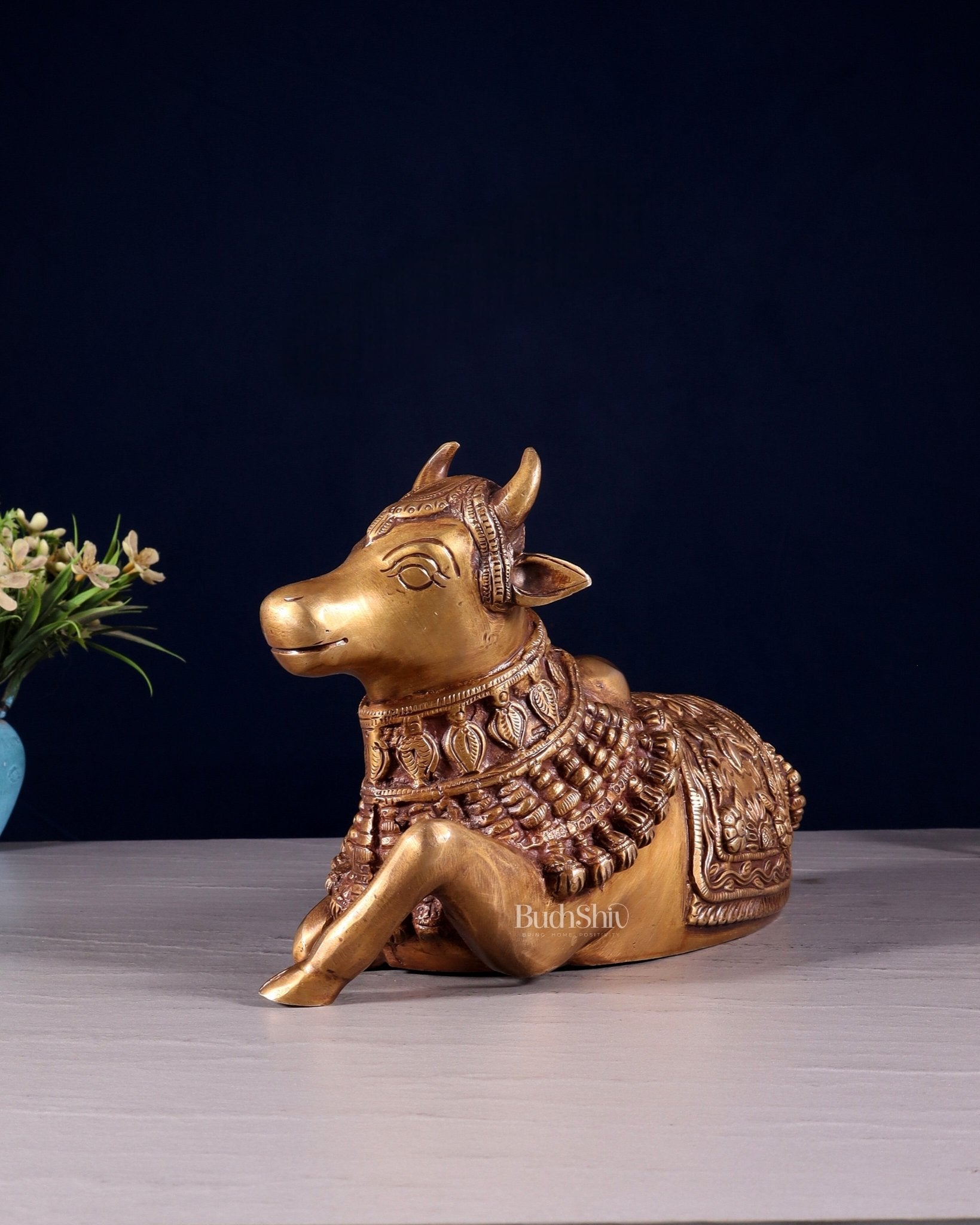 Pure Brass Engraved Nandi Statue – 10" antique tone - Budhshiv.com