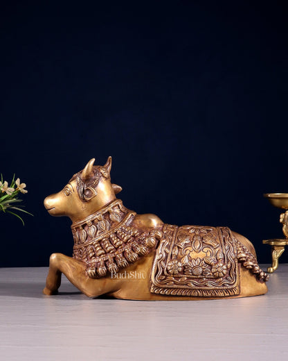 Pure Brass Engraved Nandi Statue – 10" antique tone - Budhshiv.com