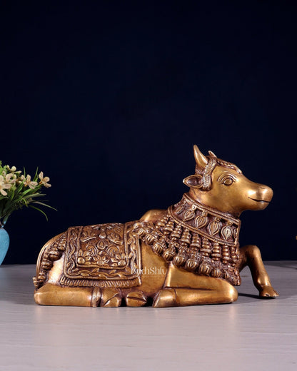 Pure Brass Engraved Nandi Statue – 10" antique tone - Budhshiv.com